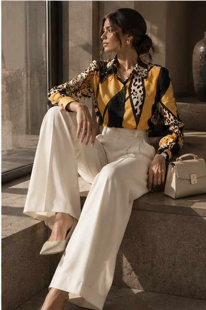 Yellow editorial — seated full look